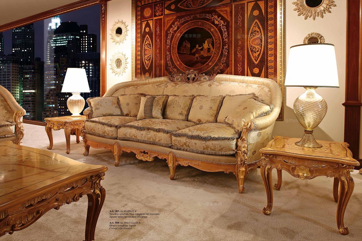 Minotti Luigi&Benigno歐式實木雕花型布藝三位沙發